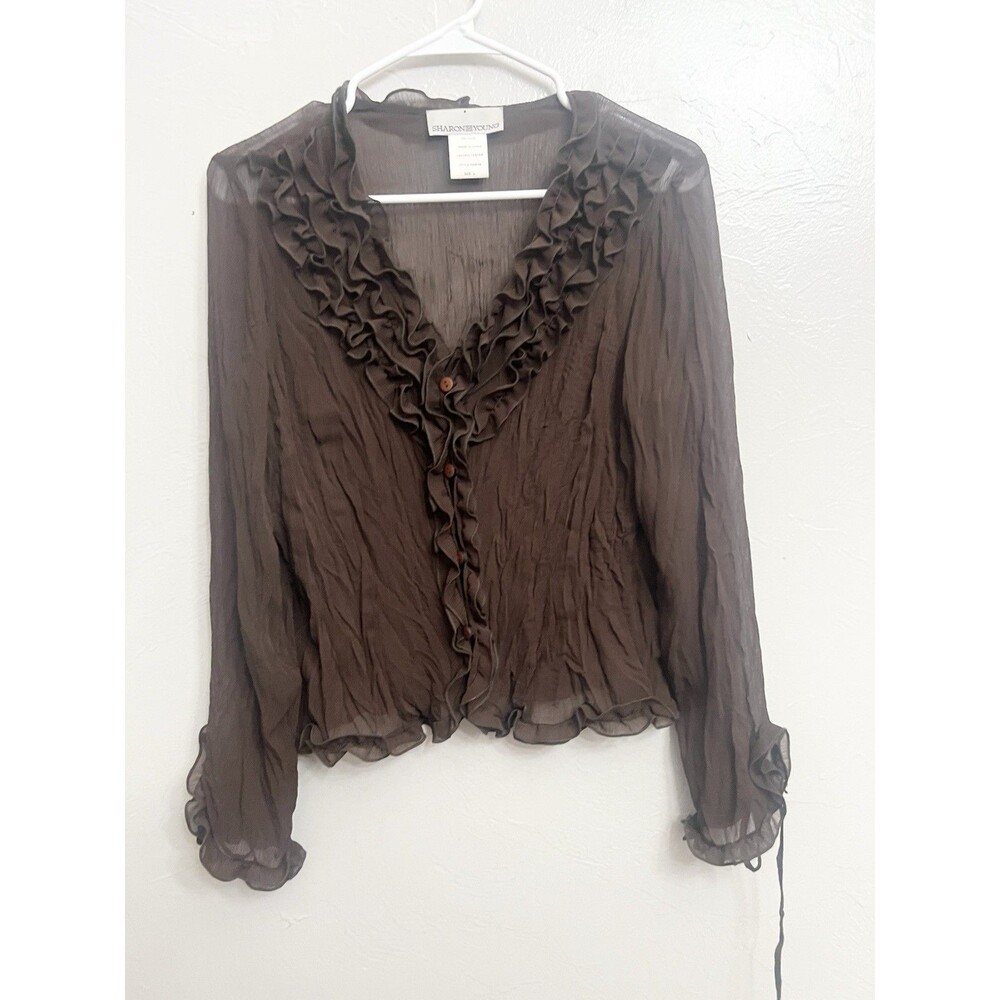 Sharon Young Ruffle Crinkle Blouse Shirt Brown Y2K Romantic Fairy Top Victorian - Picture 2 of 6